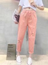 欧版破洞牛仔裤女2025年新款春夏季萝卜裤宽松松紧腰哈伦老爹裤薄
