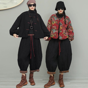 夹棉纯色短外套八分香蕉裤 盘扣灯笼袖 两件套 休闲套装 复古文艺冬季