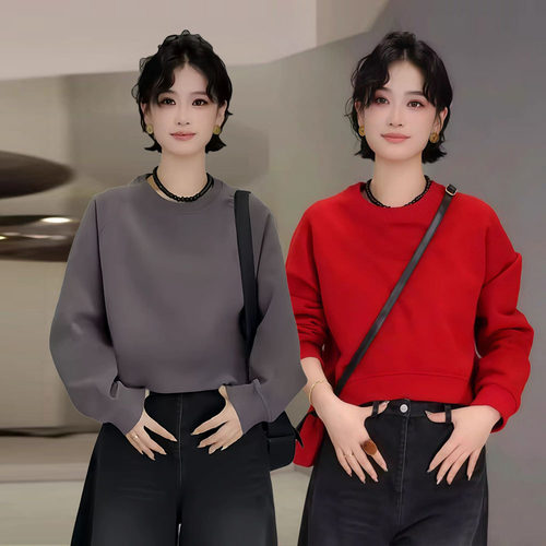早秋设计感不规则圆领长袖卫衣女