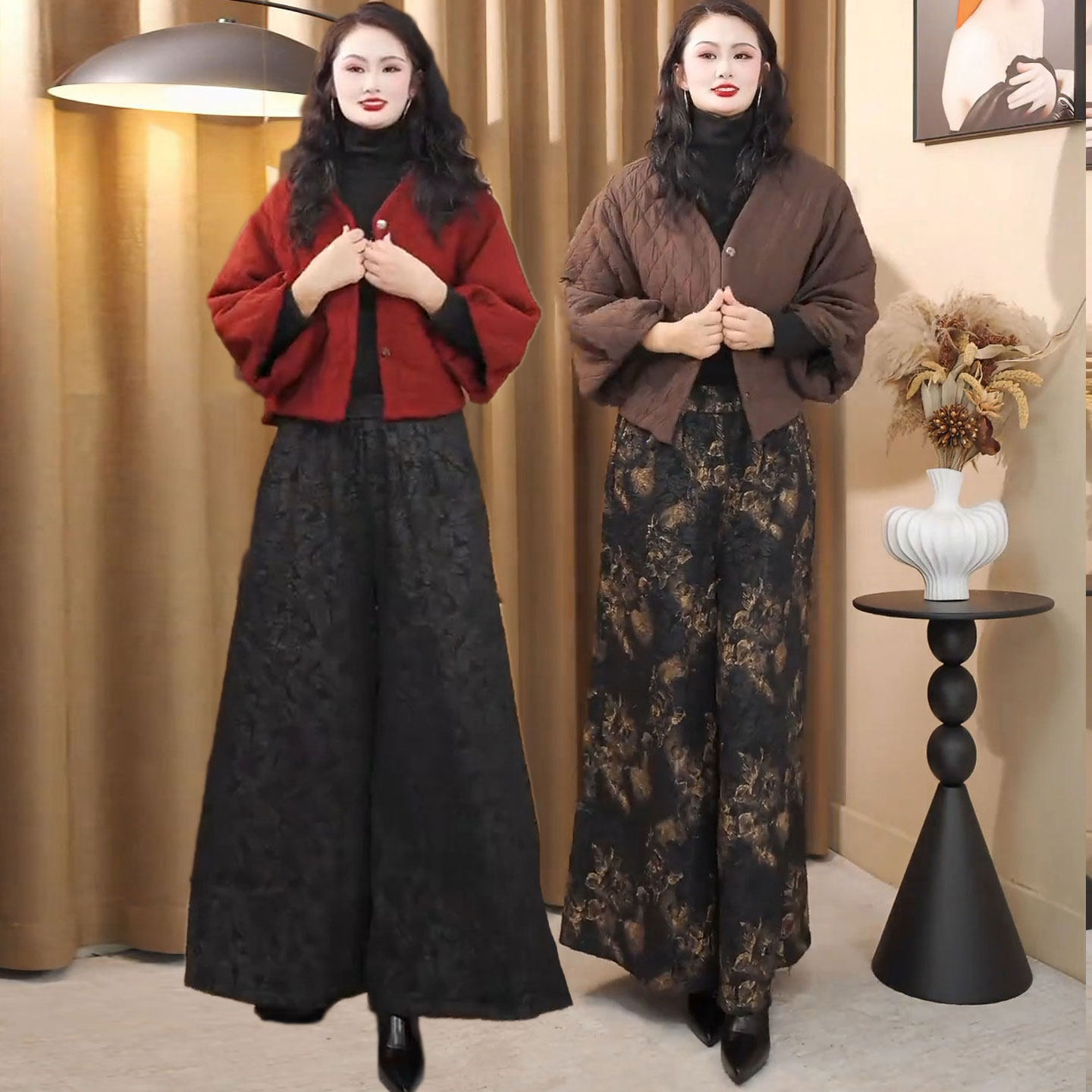 中式大码夹棉棉衣套装女秋冬新款V领保暖棉袄+高腰加绒提花阔腿裤,女装/女士精品,时尚套装,淘宝优惠券,粉丝福利购,淘宝优惠卷