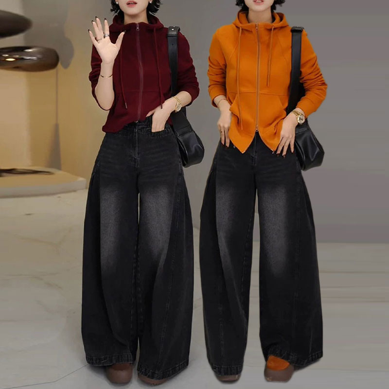 时尚大码套装女秋冬新款连帽双拉链卫衣加绒直通弯刀牛仔裤两件套
