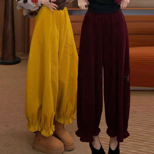 洋气减龄高级感小众花边束脚设计感裤子冬季百搭加绒灯芯绒阔腿裤