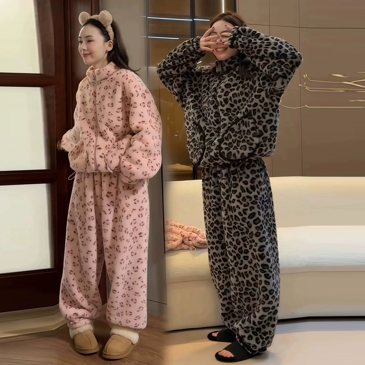 冬季慵懒风时尚豹纹印花睡衣套装