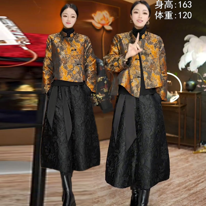 提花夹棉上衣外套花苞裤套装