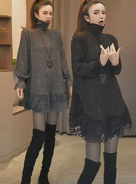 韩系黑色蕾丝花边拼接亮闪闪上衣大码别致独特超好看高领打底衫