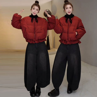 秋冬套装甜美蝴蝶结短款长袖羽绒服+高腰加绒牛仔弯刀裤裤两件套