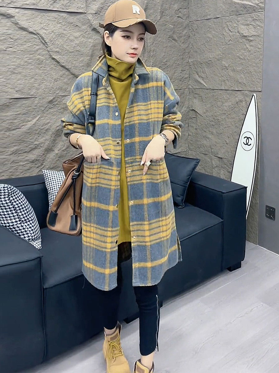 宽松复工单排扣长袖磨毛格子衬衣