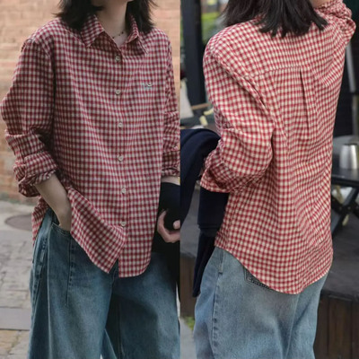 复古风港味格纹红色长袖翻领衬衫