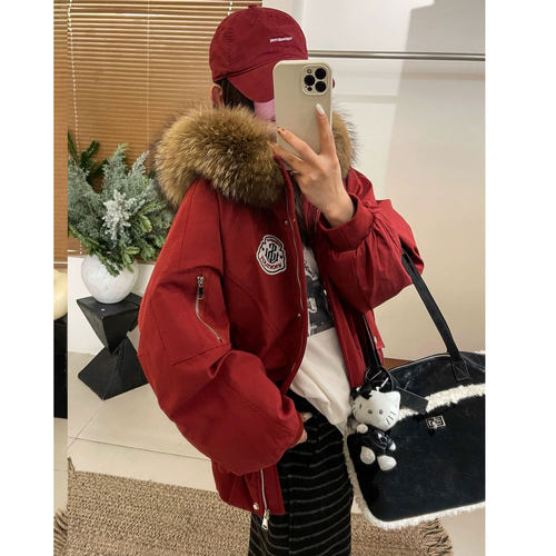 真毛领连帽派克羽绒服女欧洲站