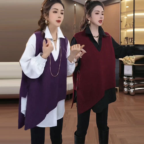 针织马甲套头V领减龄大码