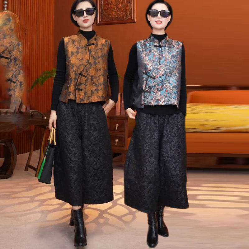 大码新中式国风盘扣马甲套装女2026秋装新款提花缎棉背心九分裤潮