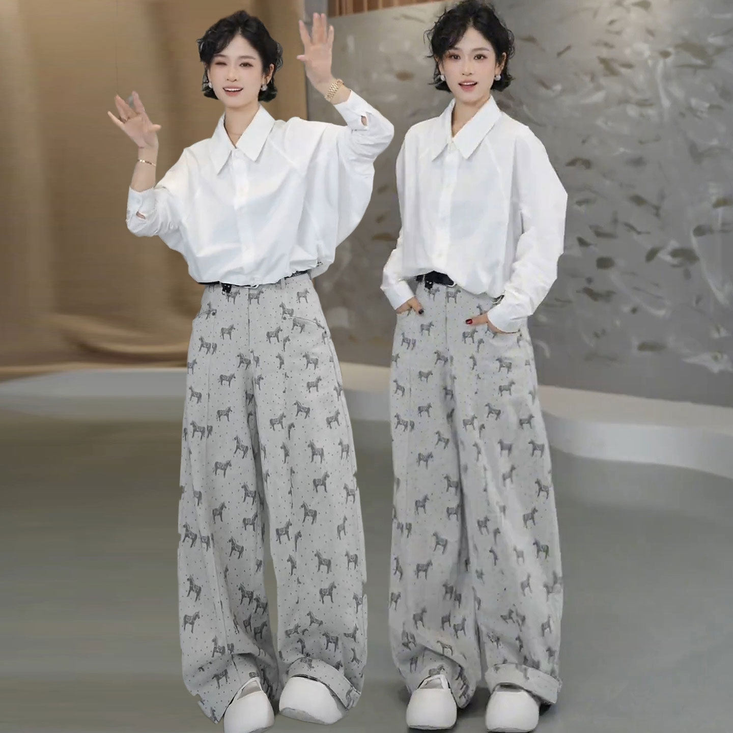 韩版时尚套装春装新款篇幅袖设计款衬衣牛仔小马提花阔腿裤两件套