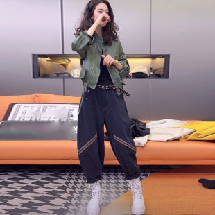 两件套2026春秋新款 韩系水洗蛋白皮皮衣外套 高腰撞色牛仔九分裤