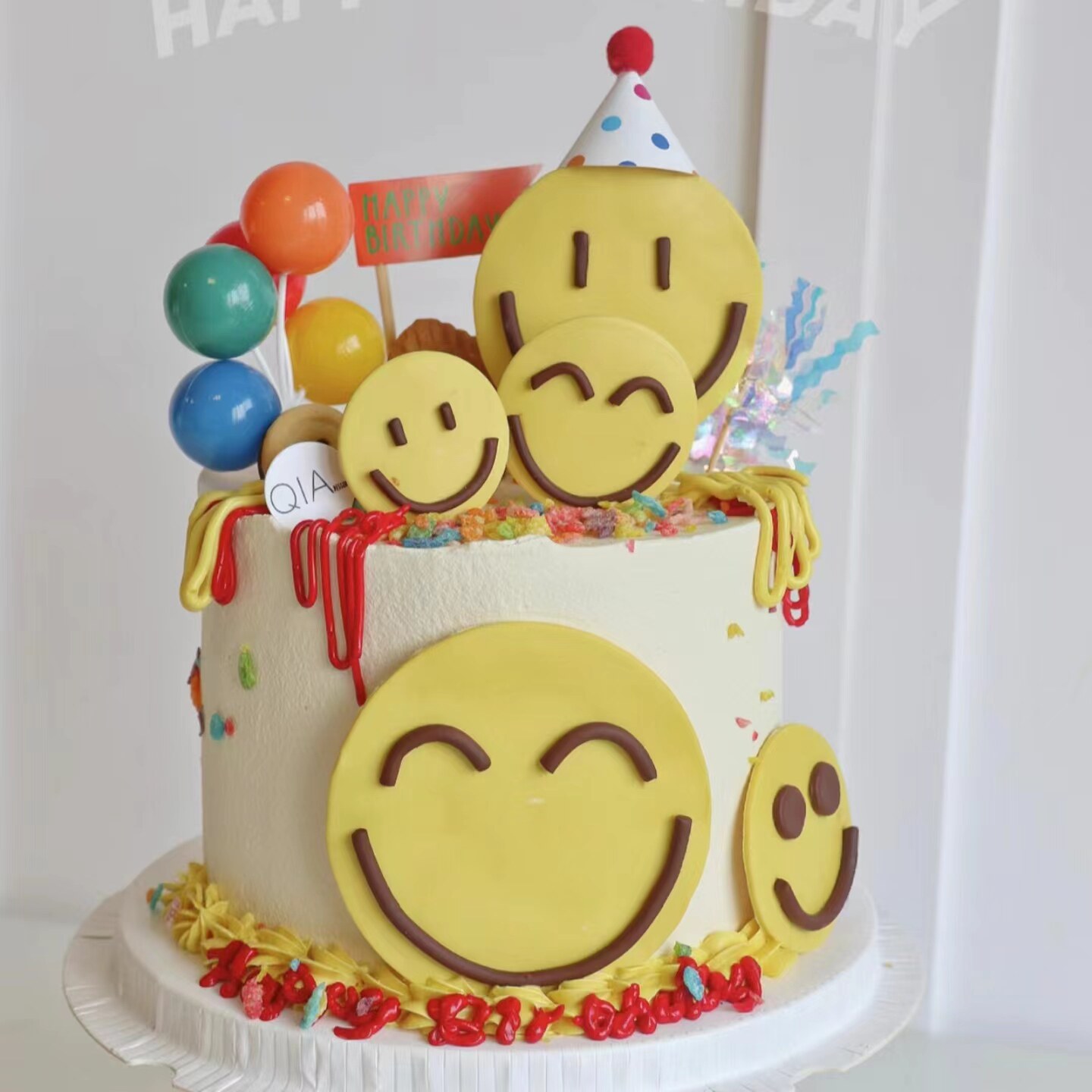 韩式笑脸蛋糕装饰ins风五彩气球插件复古emoji表情生日甜品台插牌