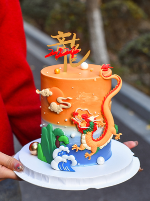2024龙年中国风蛋糕装饰软胶飞龙在天摆件龙亚克力跨年甜品台插件