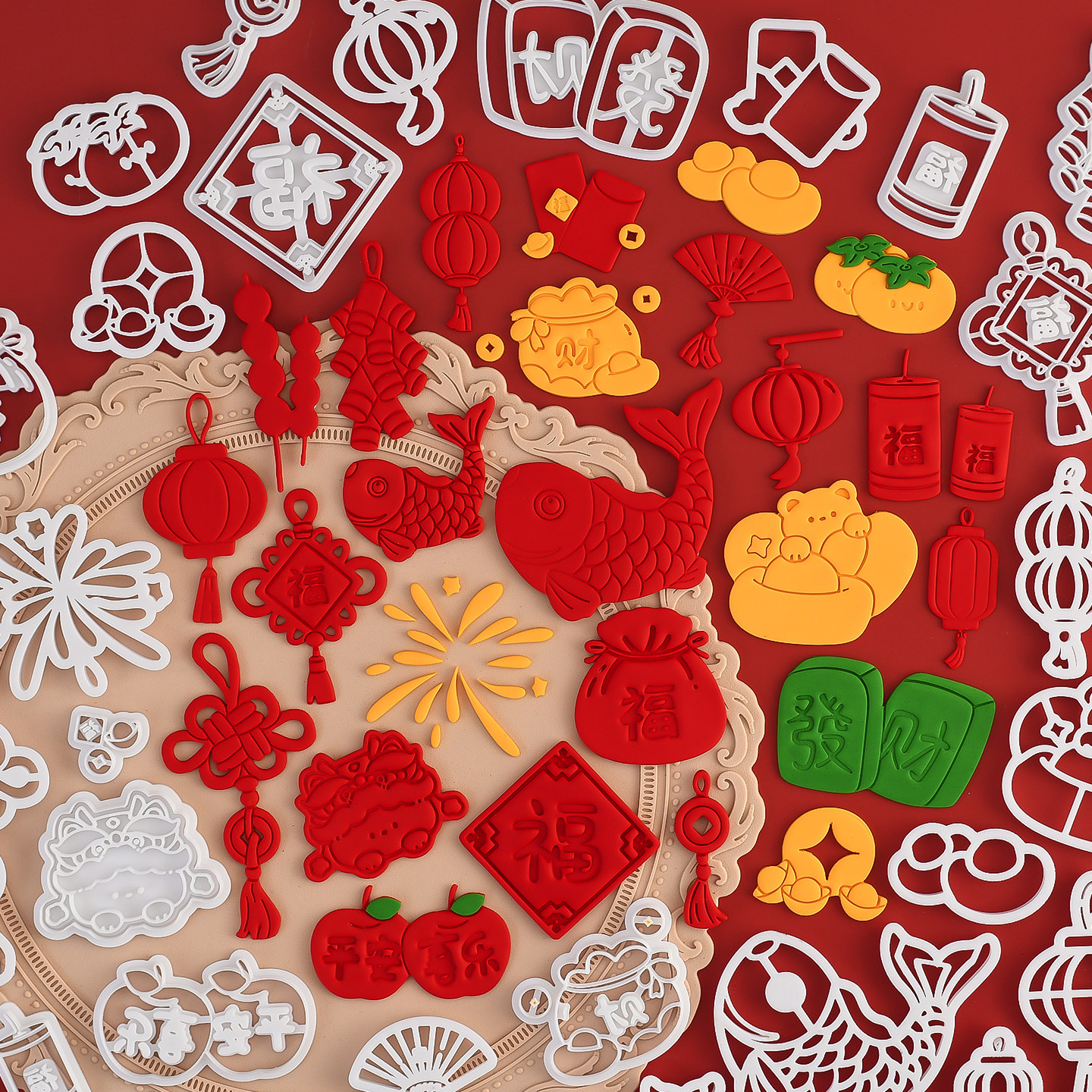 糖堡森林新年礼花元宝福袋红包翻糖切模蛋糕装饰烘焙模具塑料压模