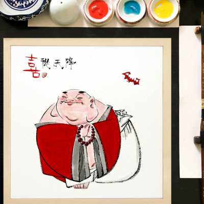 弥勒佛手绘国画禅意小品客厅装饰画办公室风水布袋和尚皆大欢喜o
