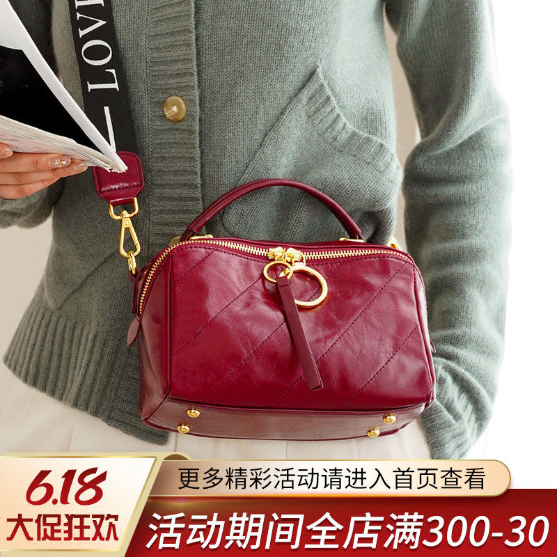 TUWIC/初薇时尚波士顿枕头包真皮女包宽带头层牛皮小包手提斜挎包