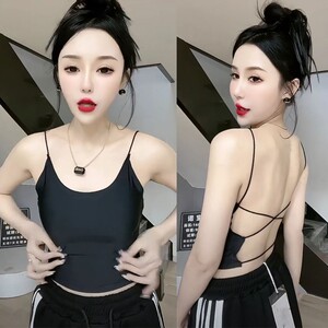 春夏新款女冰丝交叉细带性感露背吊带背心修身型带胸垫美背潮