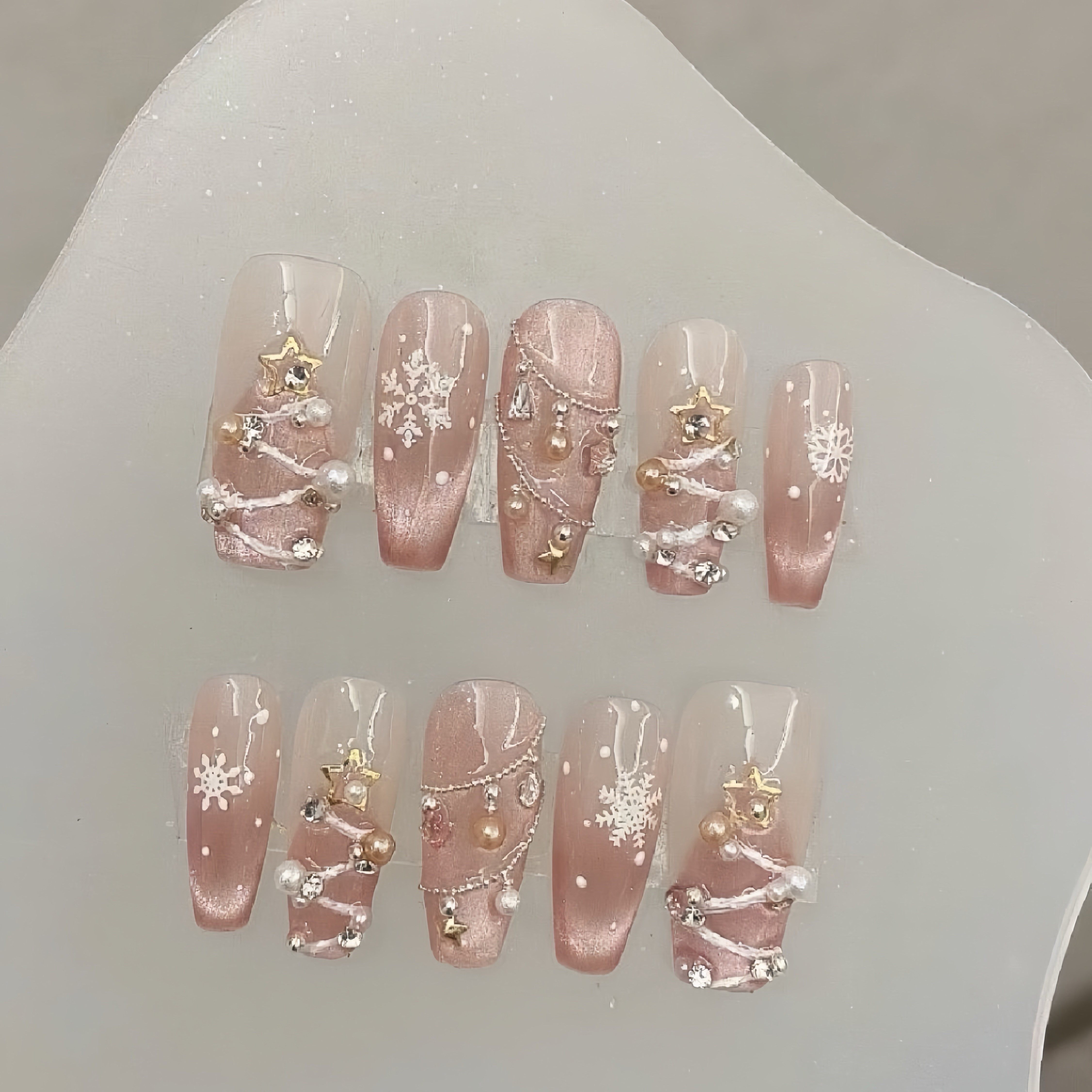 『冬日序曲』冰透猫眼纯欲圣诞雪花温柔手工穿戴甲可拆卸光疗美甲