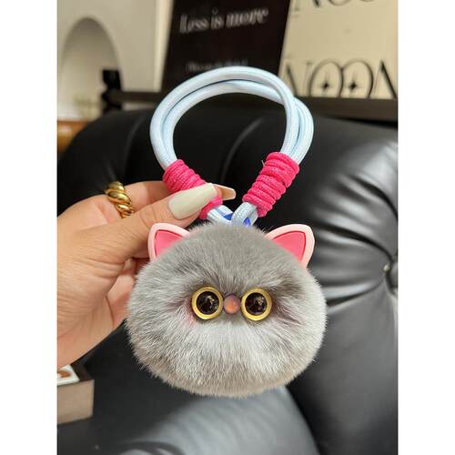 可爱獭兔毛手绳小猫咪汽车钥匙扣挂件毛绒公仔玩偶书包包挂饰礼物