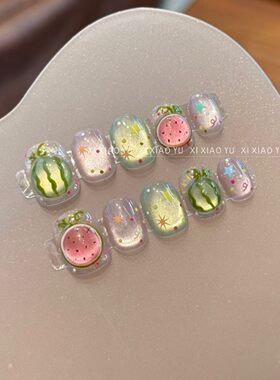【西瓜太郎】纯手工猫眼穿戴甲夏天清爽可爱高级显 白短款美甲