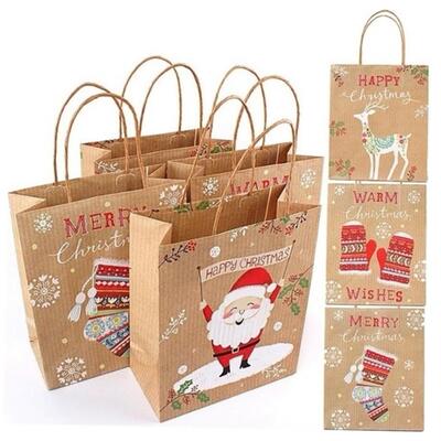 12pcs Christmas Gift Bags Santa Sacks Kraft Paper Bag Kids