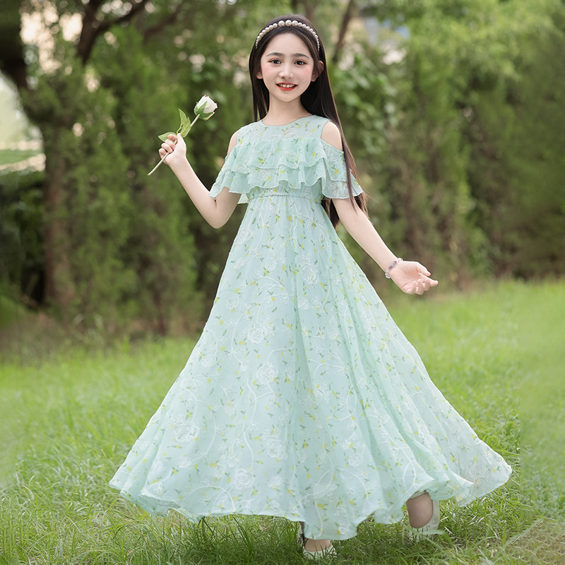 女童连衣裙2025新款儿童公主裙洋气中大童长裙碎花雪纺裙夏天裙子