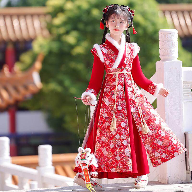 女童汉服冬季新款女孩过年衣服加绒加厚斗篷套装国风女宝宝拜年服