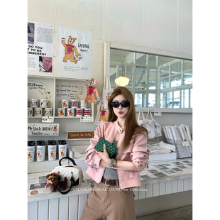 CHANGING 乌龙玫瑰 粉色麂皮夹克外套韩系清新百搭短款 上衣 REAL