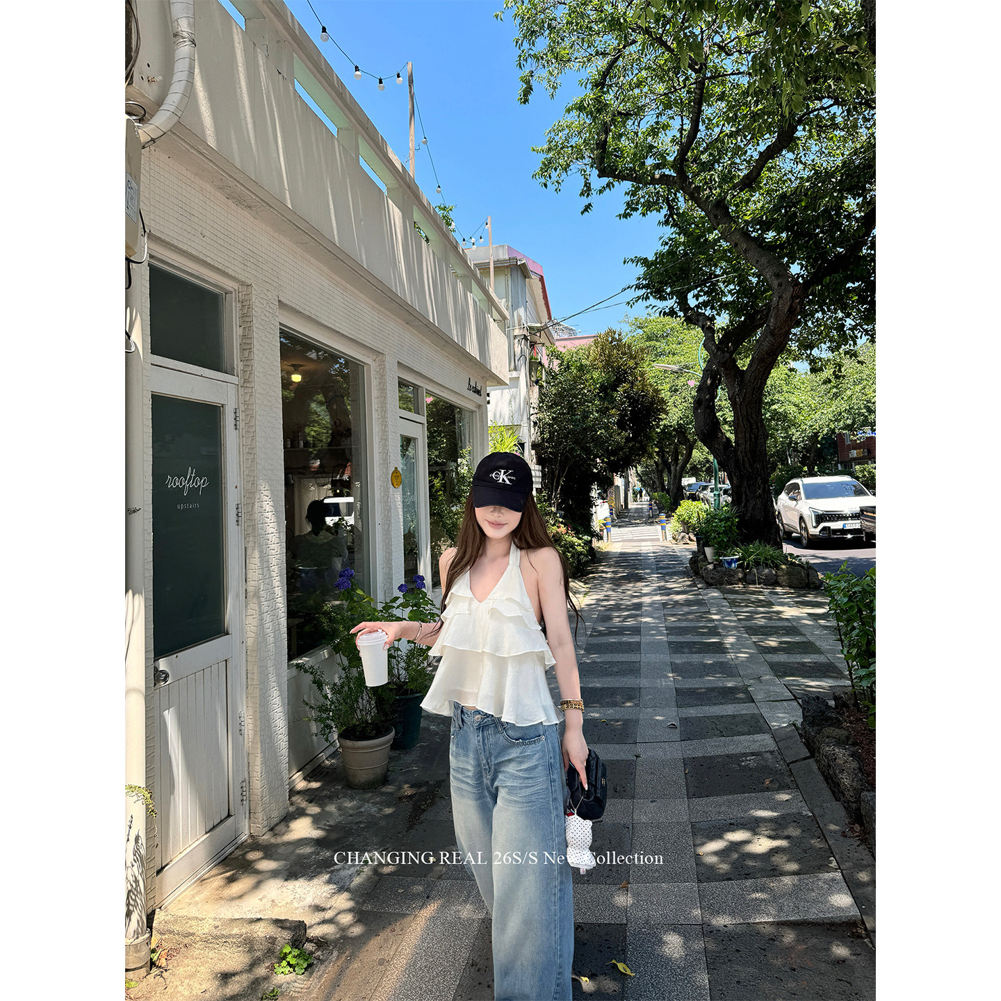 CHANGING REAL 白茶朵朵 荷叶边白色挂脖上衣显瘦纯欲设计感背心 - 实物图