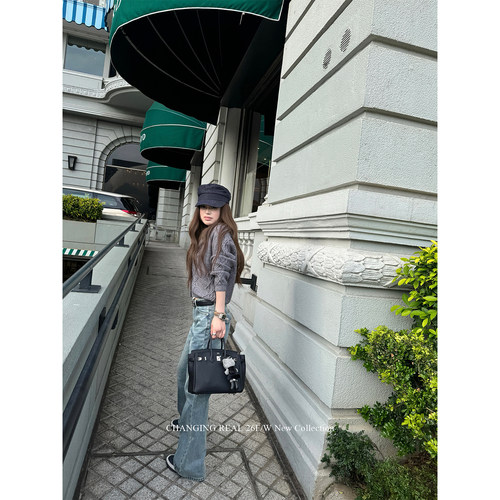 CHANGING REAL 糯感 灰色连帽麻花针织毛衣女百搭宽松慵懒上衣