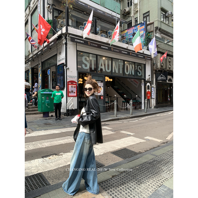 CHANGING REAL经典序章 时髦黑色复古皮衣高智廓形百搭设计感外套