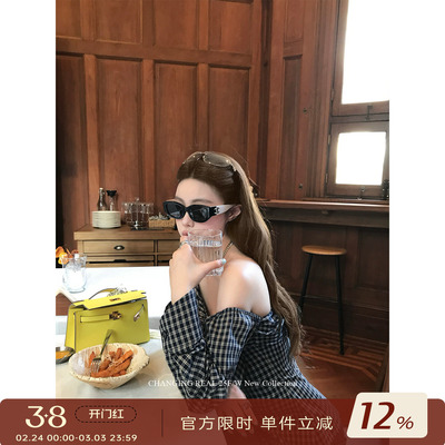 CHANGINGREAL格子一字肩衬衫女