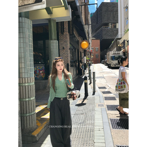 CHANGING REAL 海盐薄荷 海盐绿针织吊带开衫韩系软糯两件套装女