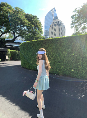 CHANGING REAL 冰绡蝉鸣 蓝色背心花苞连衣裙女夏季收腰吊带短裙