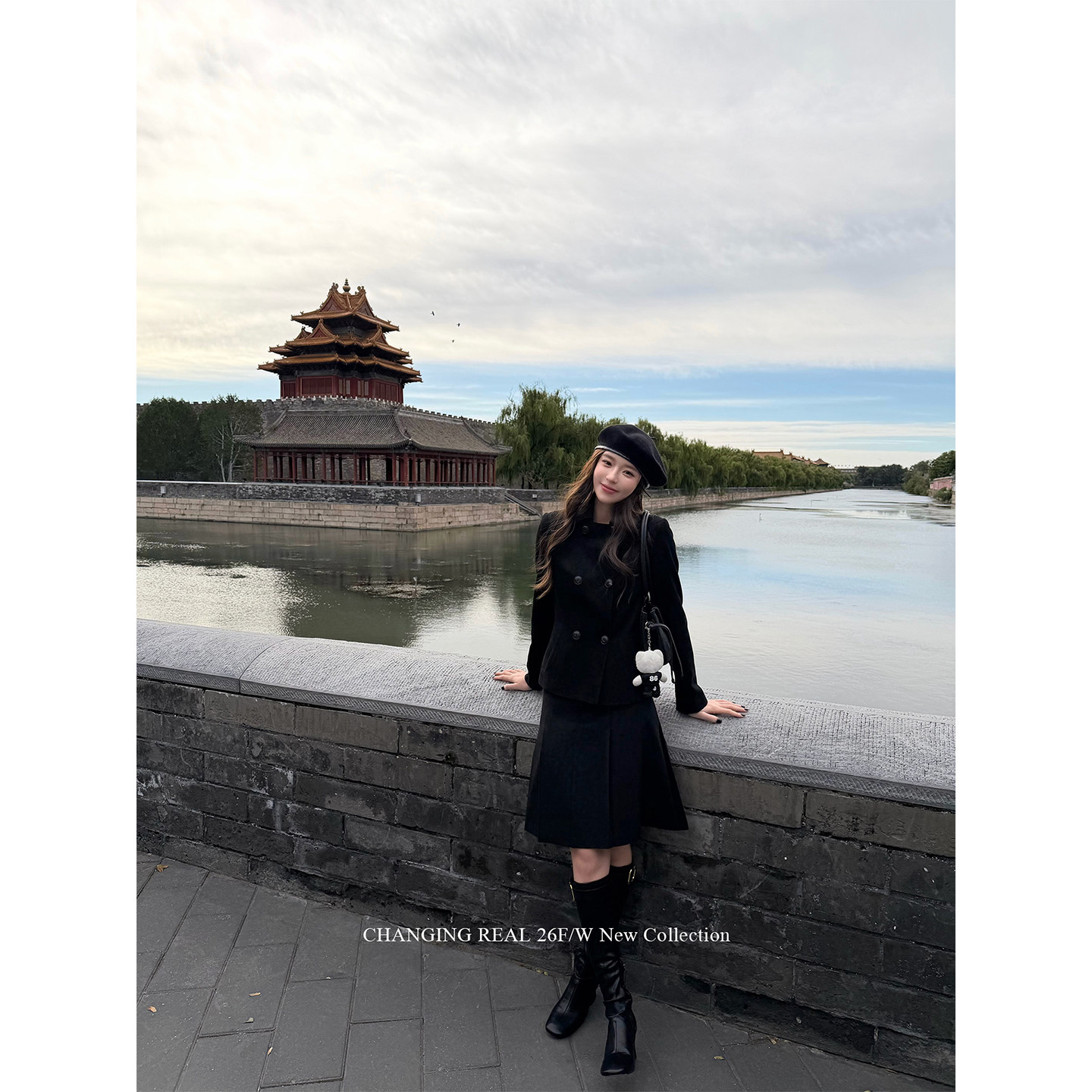 CHANGING REAL 京都漫曳 黑色羊毛套装女毛呢外套半身裙两件套