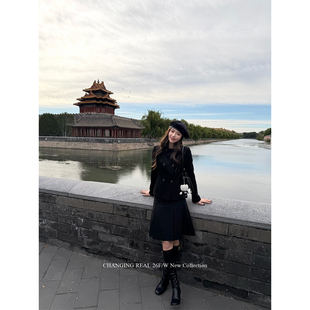 CHANGING REAL 京都漫曳 黑色羊毛套装女毛呢外套半身裙两件套