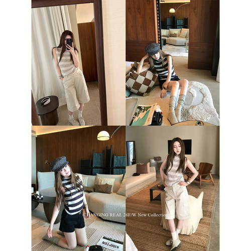 韩系条纹半高领针织女背心