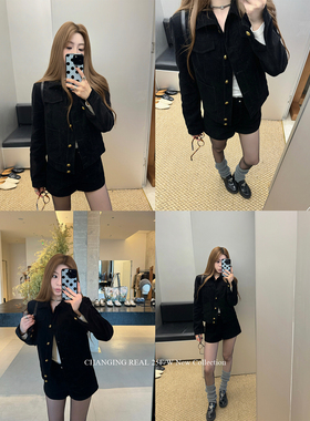 CHANGING REAL 夜幕流光 黑色灯芯绒夹棉外套短裤女冬季加厚套装