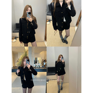 CHANGING REAL 夜幕流光 黑色灯芯绒夹棉外套短裤女冬季加厚套装