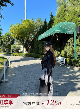 CHANGING REAL 奥法庄园 黑色翻领毛呢大衣中长款女秋冬气质外套