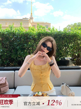 CHANGING REAL 罗马假日 黄色无袖收腰背心吊带女辣妹显瘦上衣夏