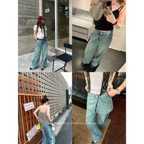韩系可拆屁帘水洗蓝牛仔裤