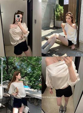 CHANGING REAL 月光集  jennie贵气缎面斜肩短袖女廓形显瘦上衣夏