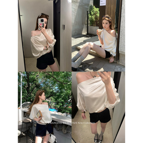 CHANGINGREAL缎面斜肩短袖女夏