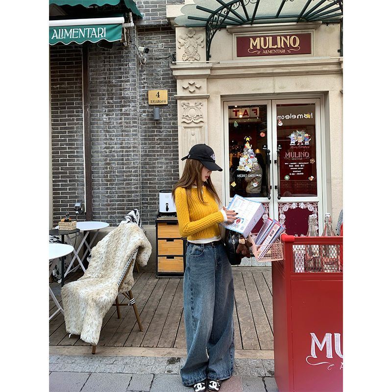 CHANGINGREAL蓝色牛仔阔腿裤女