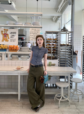 CHANGING REAL 浅滩苔原 军绿色复古阔腿牛仔裤女高腰显瘦长裤夏