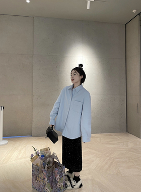 CHANGING REAL 蓝色衬衫上衣女内搭纯棉时髦休闲设计感小众外套