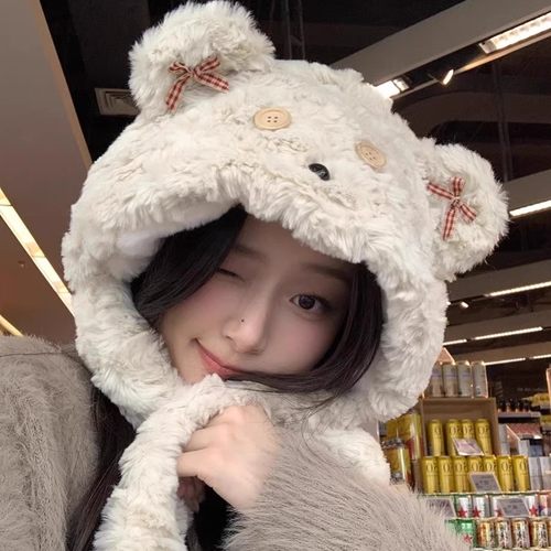 卡通小熊毛绒帽子女秋冬围巾帽子一体加厚保暖防风围脖雷锋帽闺蜜